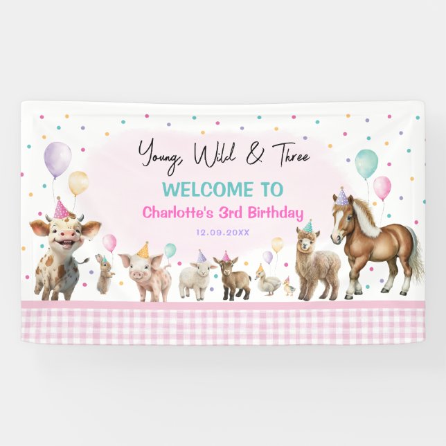 Girly Farm Animals | Young Wild & Three Birthday Banner (Horizontal)