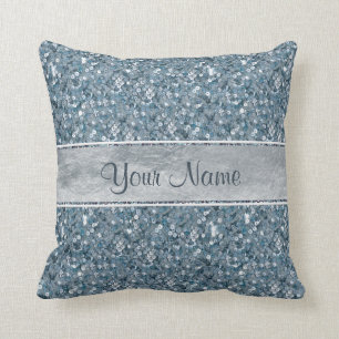 Girly Faux Blue Sequins Silver Foil Glitter Throw Pillow