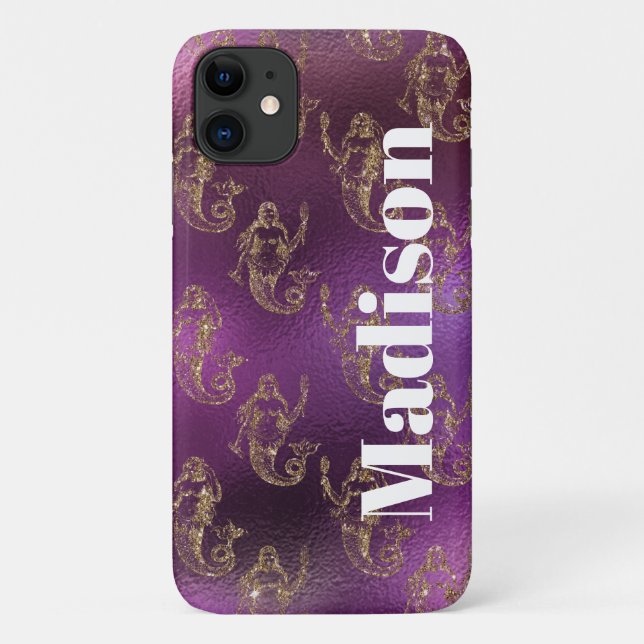 Girly Faux Glitter Purple and Gold Mermaid Pattern Case-Mate iPhone Case (Back)