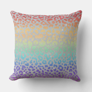 Girly Faux Glitter Rainbow Leopard Print Throw Pillow