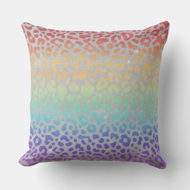Girly Faux Glitter | Rainbow Leopard Print Throw Pillow (Front)