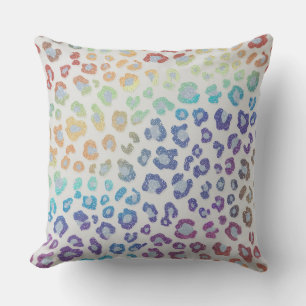 Girly Faux Glitter Rainbow Leopard Print Throw Pillow