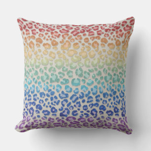 Girly Faux Glitter Rainbow Leopard Print Throw Pillow