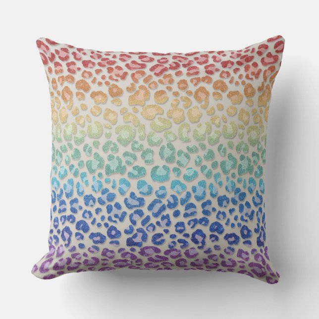 Girly Faux Glitter | Rainbow Leopard Print Throw Pillow (Front)