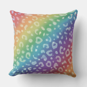 Girly Faux Glitter Rainbow Leopard Print Throw Pillow