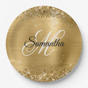 Girly Faux Gold Glittery Foil Monogram Paper Plate