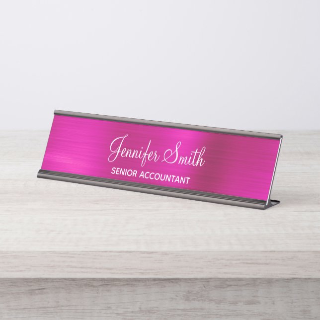 Girly Faux Hot Pink Foil Desk Name Plate (Front)