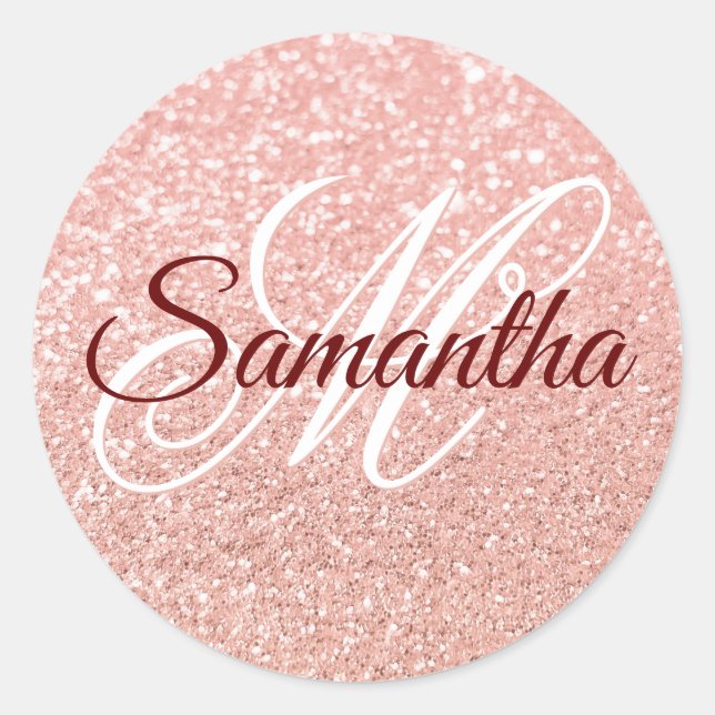 Girly Faux Rose Gold Glitter Monogrammed Classic Round Sticker (Front)