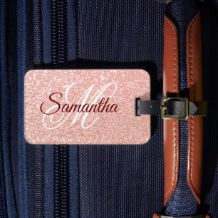 Girly Faux Rose Gold Glitter Monogrammed Luggage Tag