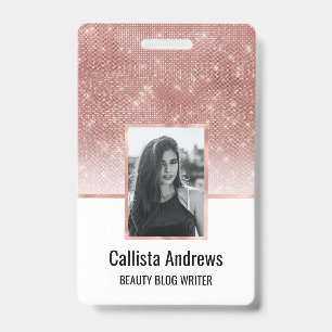 Girly Faux Rose Gold Sequin Glitter White Ombre Badge