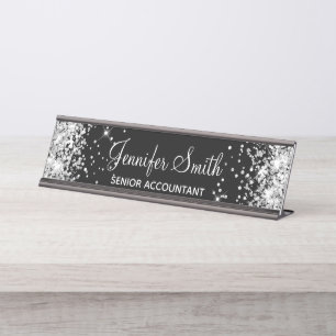 Girly Faux Silver Glitter Black Desk Name Plate