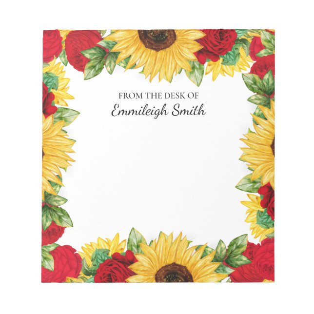 Girly Feminine Sunflowers Roses From Desk Notepad (Front)