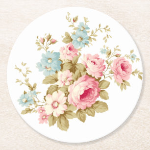 Girly Feminine Vintage Pink Roses Round Paper Coaster