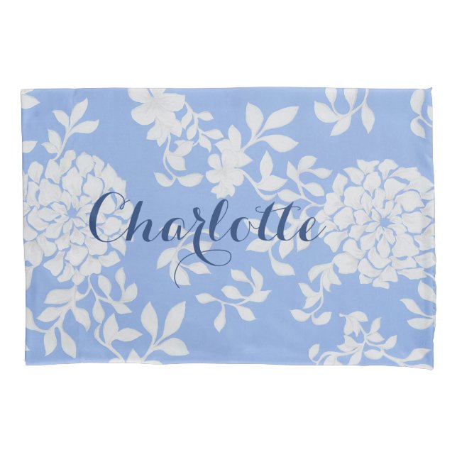 Girly, Feminine White and Blue Floral Pillowcase (Front-Left)