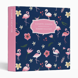 Girly Flamingo Floral Pattern Blue Pink Monogram Binder