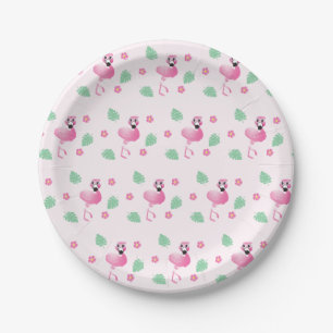 Girly Flamingo Tropical Flowers Leaf Pattern Pink Paper Plate