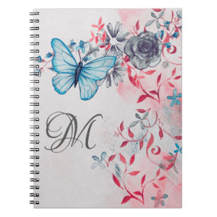 Girly Floral Black Blue Butterfly Monogram Notebook