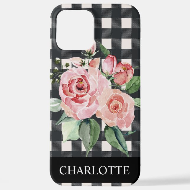 Girly Floral Black White Buffalo Plaid Name  iPhone Case (Back)