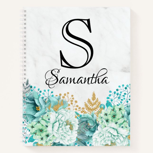 Girly Floral Bouquet Mint Marble Monogram Initial Notebook (Front)