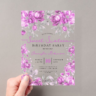 Girly Floral Bouquet Sweet 16 Birthday Pink Acrylic Invitations