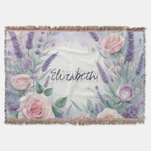 Girly Floral Calligraphy Name pink watercolor  Throw Blanket