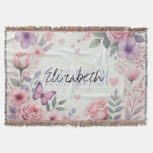 Girly Floral Calligraphy Name pink watercolor  Throw Blanket
