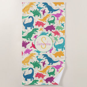 Girly Floral Dinosaur Silhouette Girls Beach Towel