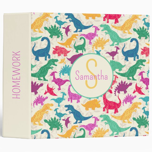 Girly Floral Dinosaur Silhouette Girls Binder (Front/Spine)