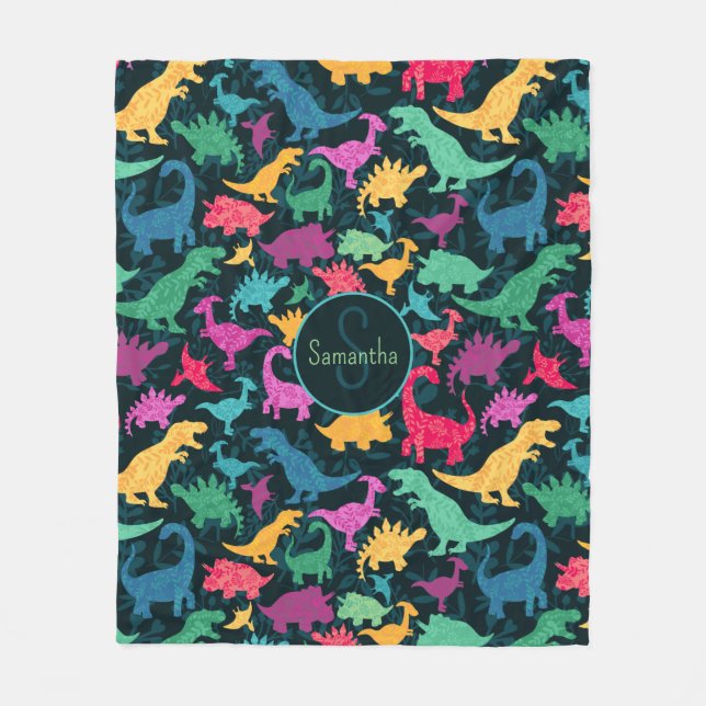 Girly Floral Dinosaur Silhouette Girls Fleece Blanket (Front)