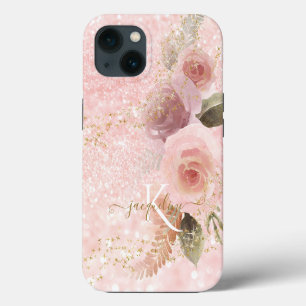Girly Floral Elegant Pink Glitter Gold Stars Name iPhone 13 Case