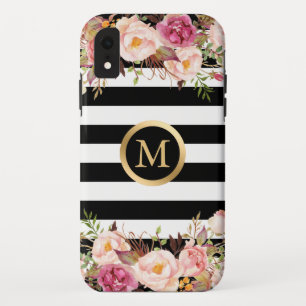 Girly Floral Gold Monogram Black White Stripes iPhone XR Case