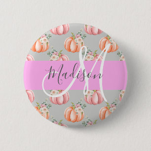 Girly Floral Gray Pink Peach Pumpkin Monogram Name 2 Inch Round Button