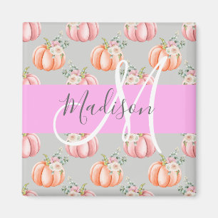 Girly Floral Gray Pink Peach Pumpkin Monogram Name Magnet