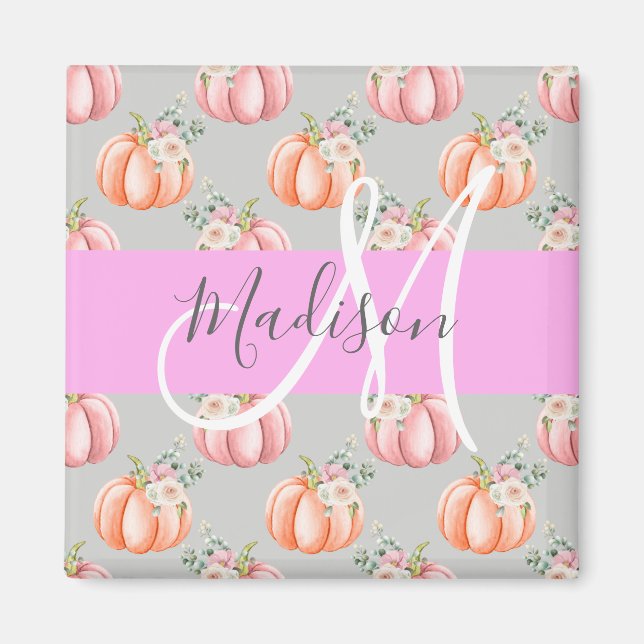 Girly Floral Gray Pink Peach Pumpkin Monogram Name Magnet (Front)