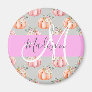 Girly Floral Gray Pink Peach Pumpkin Monogram Name Magnet