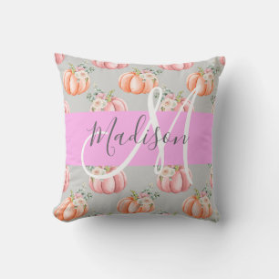 Girly Floral Gray Pink Peach Pumpkin Monogram Name Throw Pillow