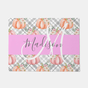 Girly Floral Grey Pink Peach Pumpkin Monogram Name Doormat