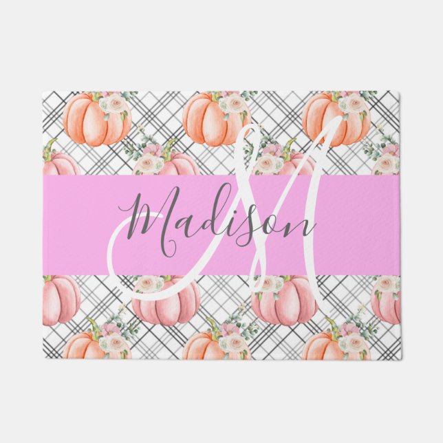 Girly Floral Grey Pink Peach Pumpkin Monogram Name Doormat (Front)