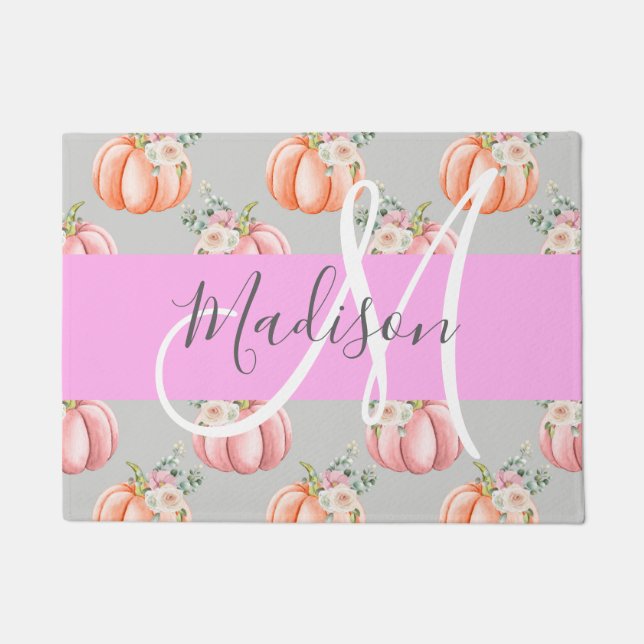 Girly Floral Grey Pink Peach Pumpkin Monogram Name Doormat (Front)