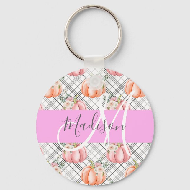 Girly Floral Grey Pink Peach Pumpkin Monogram Name Keychain (Front)