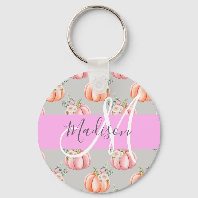 Girly Floral Grey Pink Peach Pumpkin Monogram Name Keychain (Front)