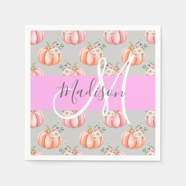 Girly Floral Grey Pink Peach Pumpkin Monogram Name Napkin (Front)