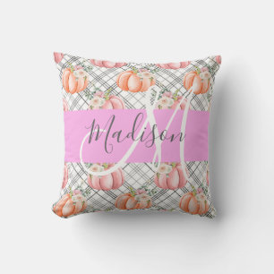Girly Floral Grey Pink Peach Pumpkin Monogram Name Throw Pillow