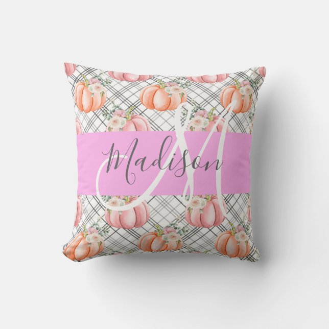 Girly Floral Grey Pink Peach Pumpkin Monogram Name Throw Pillow (Front)