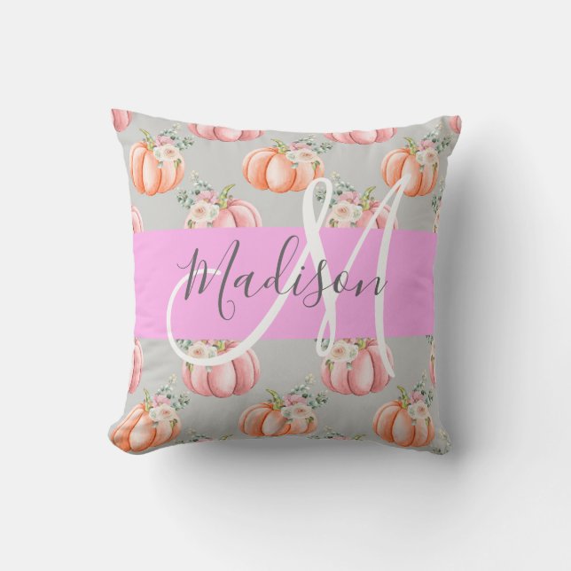 Girly Floral Grey Pink Peach Pumpkin Monogram Name Throw Pillow (Front)