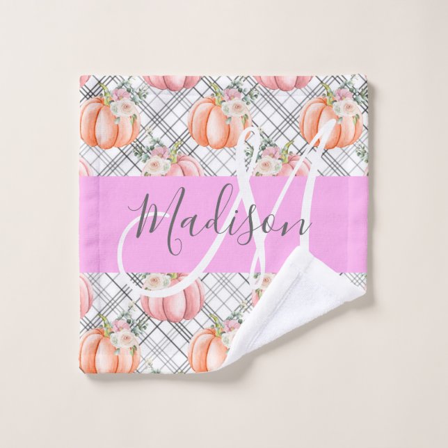 Girly Floral Grey Pink Peach Pumpkin Monogram Name Wash Cloth (Wash Cloth)