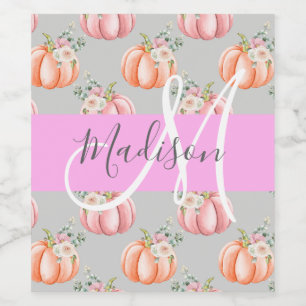Girly Floral Grey Pink Peach Pumpkin Monogram Name Wine Label