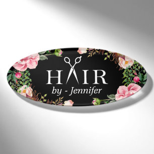 Girly Floral Hair Cut Salon Scissors Logo Name Tag