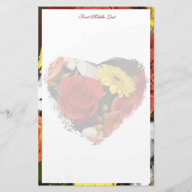 Girly Floral Heart Bouquet Border Custom Stationery (Front)