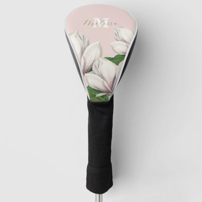 Girly Floral Magnolia Pink Monogram Name   Golf Head Cover (Front)